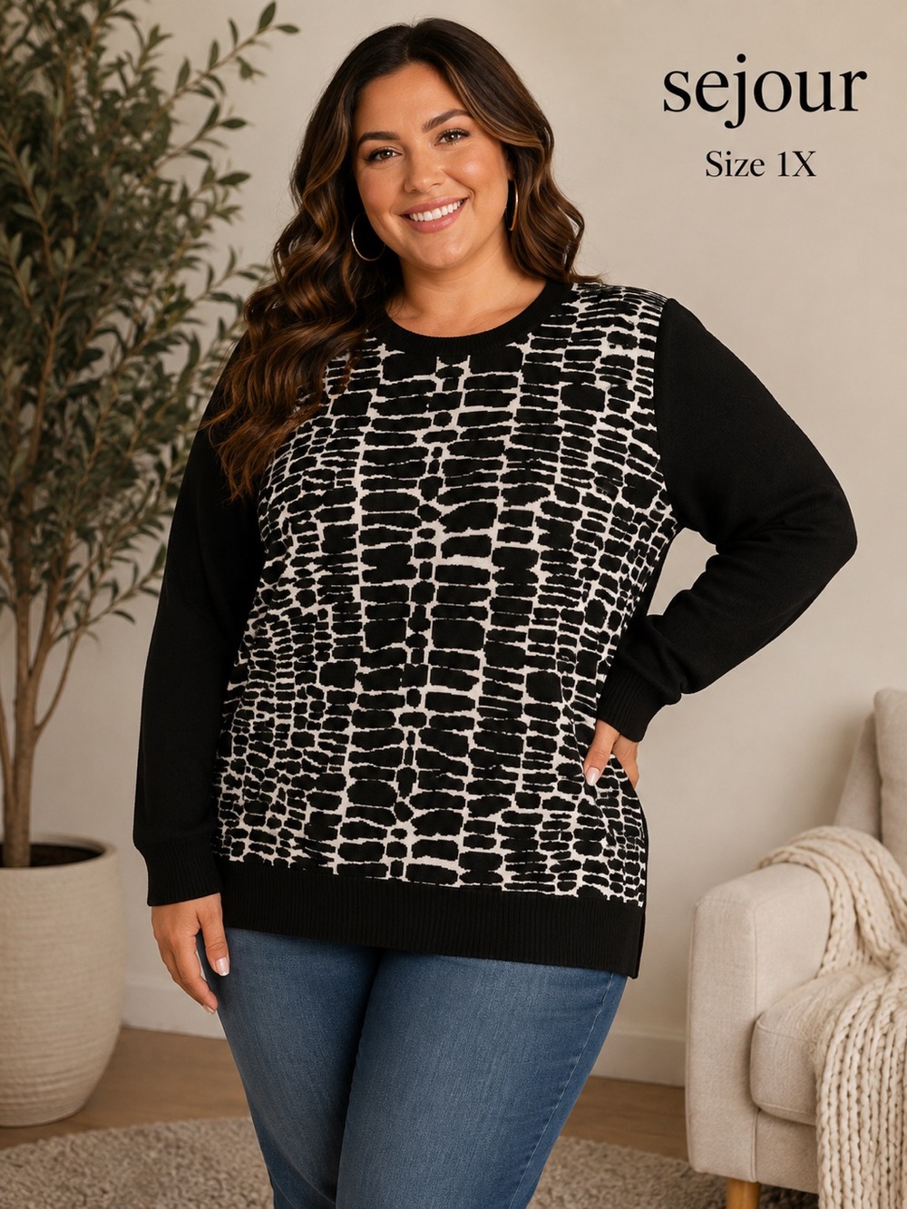 Sejour Size 1X Black & Cream Abstract Print Long Sleeve Sweater